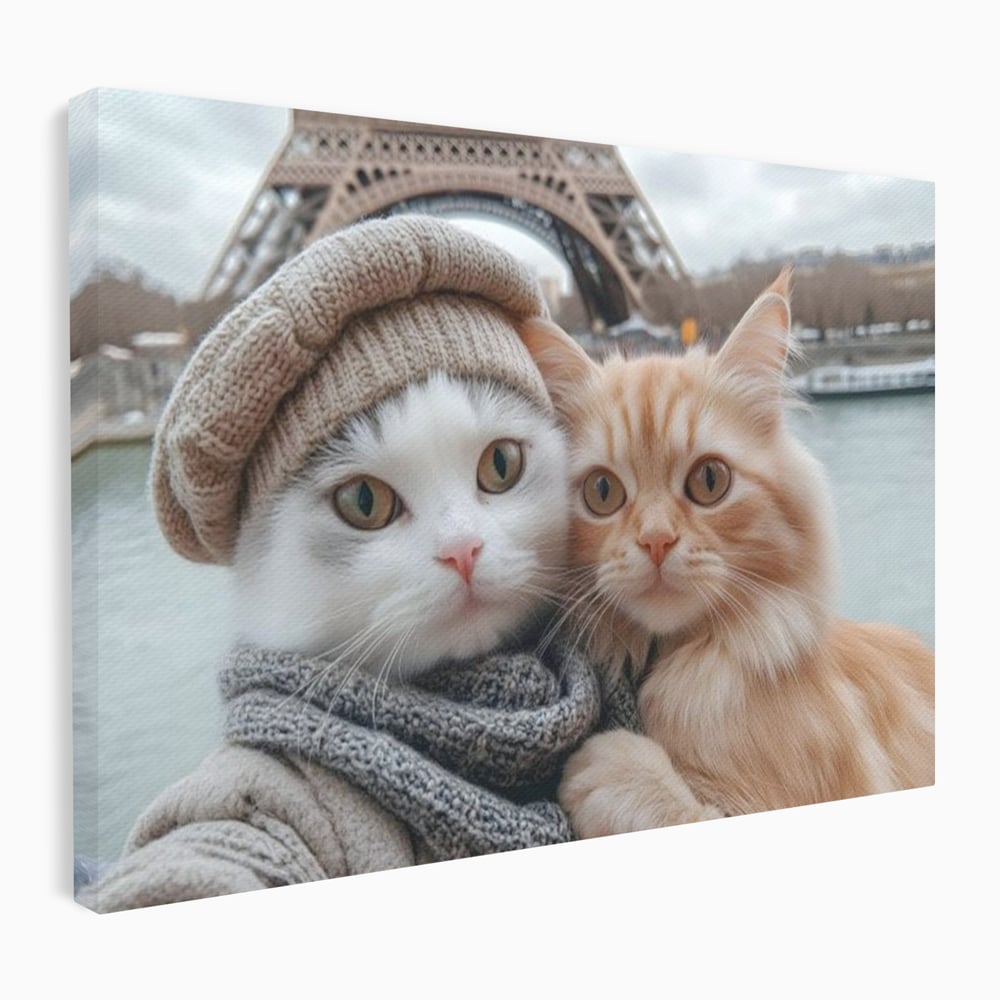 Tablou canvas cu tablou canvas cu pisici in paris, fara rama, pe sasiu de lemn